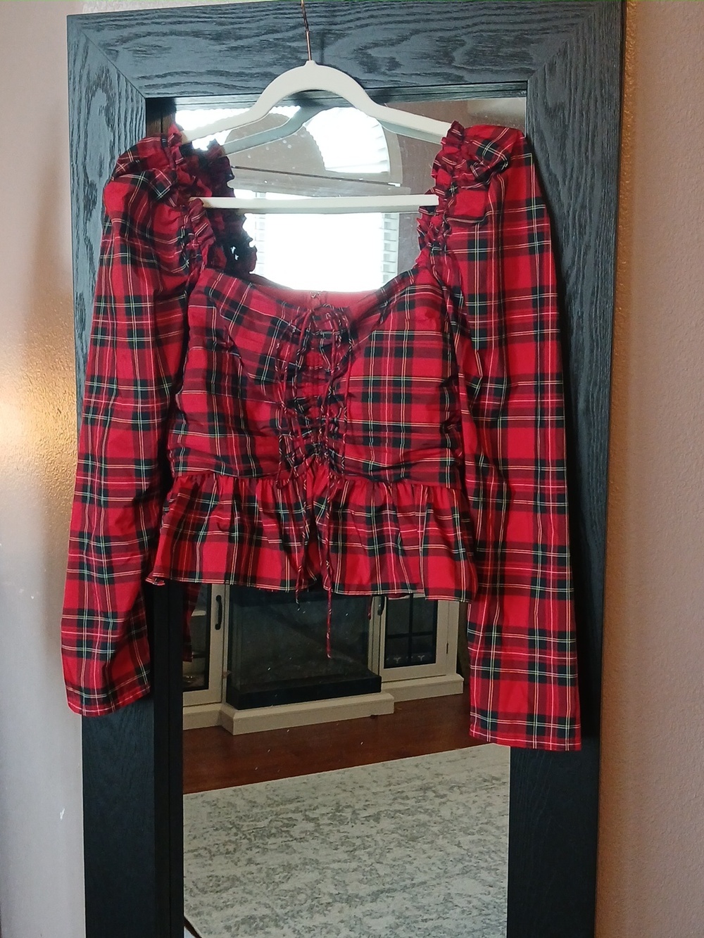 Antonio Melani Red Plaid Blouse Top Christmas Holiday Shirred Cropped Size L